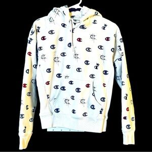 Champion White Hoodie with Navy and Red Logo Print